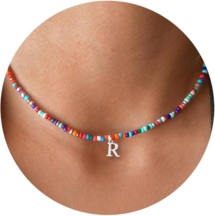 Yoosteel Colorful Beaded Initial Necklaces for Girls Gifts - Cute Choker Necklace for Kids Jewelry A-Z Initial Necklaces for Women Personalized Birthday Gifts for Teenage Girls