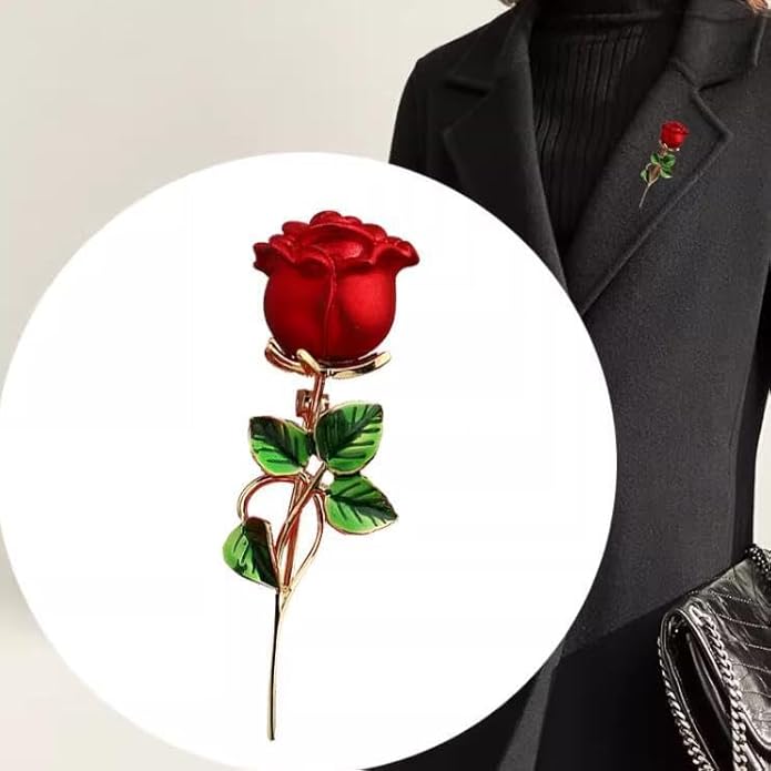 Just Follow Red Rose Flower Brooch with Rhinestones Sparkling Floral Pin for Women Vintage Blazer Jacket Dress Hat Scarf Accessory