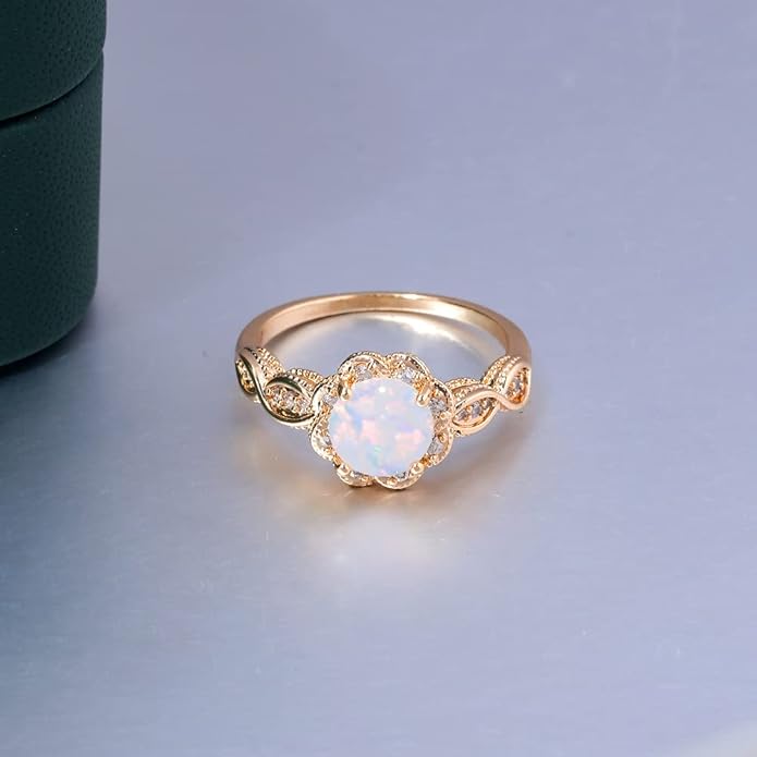 CiNily 18K Gold Plated Opal Ring-White Fire Opal & Amethyst & Cubic Zirconia Women Jewelry Gemstone Engagement Anniversary Ring Size 5-13
