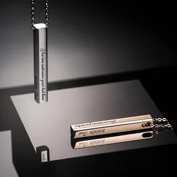 BellBlow- Personalized Bar Necklace Engraved with Name for Men Woman, Custom 3D Vertical Bar Pendant Name Chain Necklaces, 4sides Customizable Name Plate Necklace Jewelry Gift Boyfriend Girlfriend