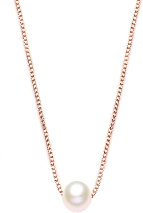 14K Yellow Gold Pearl Necklace for Women, Real Gold Durable Box Chain with Single Cultured Pearl Pendant Necklace Anniversary Birthday Gift for Her, Wife, Mother, Girl 18 Inch