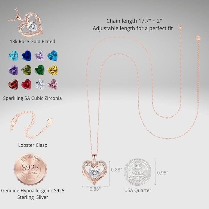 Birthstone Heart Necklace for Women Wife Girlfriend Mom Daughter Gifts S925 Silver Jewelry For Anniversary Rose Gold Gifts For Birthday Christmas Mothers Valentines Day
