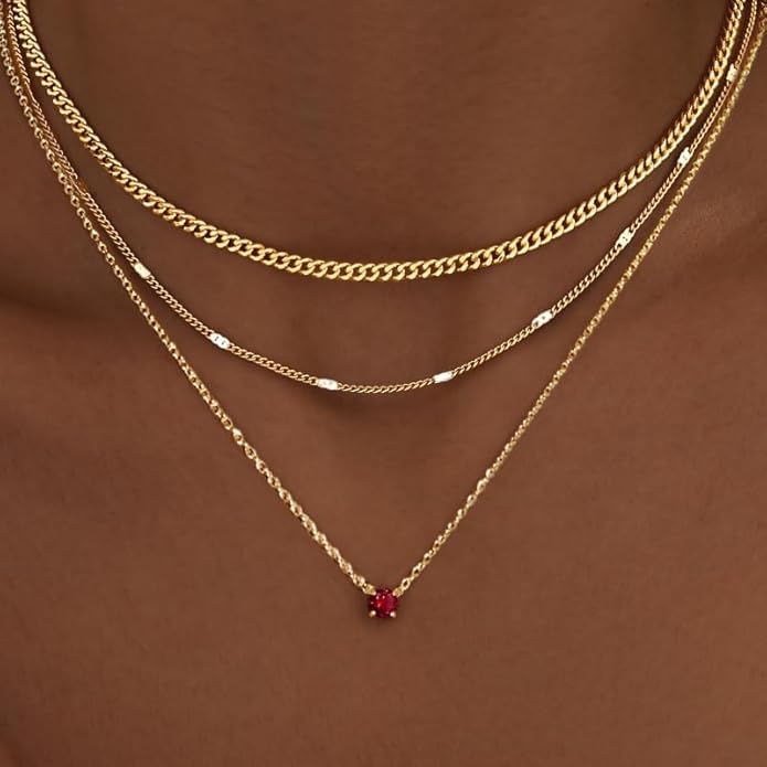 WomenGifts Layered Gold Necklaces for Women, 14K Gold Sterling Silver Plated Dainty Pendant Necklace Set with Cubic Zirconia Circle, Chunky Stackable Cuban Chain Choker, Trendy Personalized Birthstone Jewelry Gift Non Tarnish