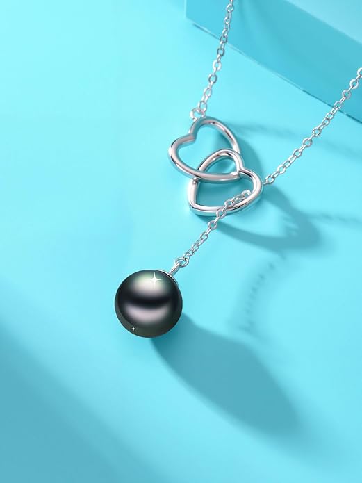Tahitian Black Pearl AAAA 18K White Gold Plated Sterling Silver Double Heart Pendant Y Necklace for Women Wife Mom Girlfriend Valentine Her Jewelry Gift for Anniversary Birthday