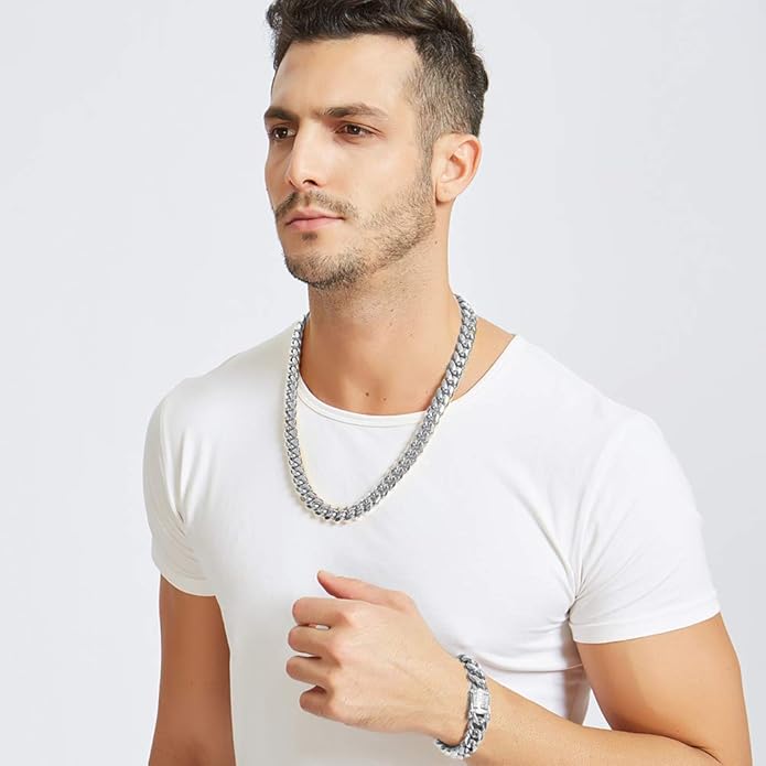 Jxlepe Mens Miami Cuban Link Chain White 15mm Stainless Steel Curb Necklace with cz Diamond Chain Choker