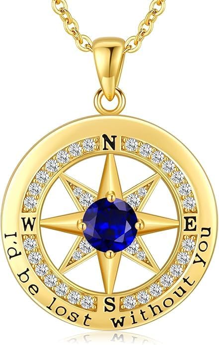Compass Necklace for Women Wife Girlfriend Mom Daughter Gifts S925 Silver Jewelry For Anniversary Rose Gold Gifts For Birthday Christmas Mothers Valentines Day 12 Birthstones