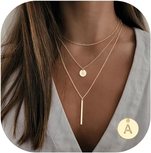 Initial Layered Necklaces for Women, 14K-Gold-Plated Coin Letter Necklace Bar Stacking Layer Necklace Multi Bar Layering Y-Necklaces Jewelry for Women