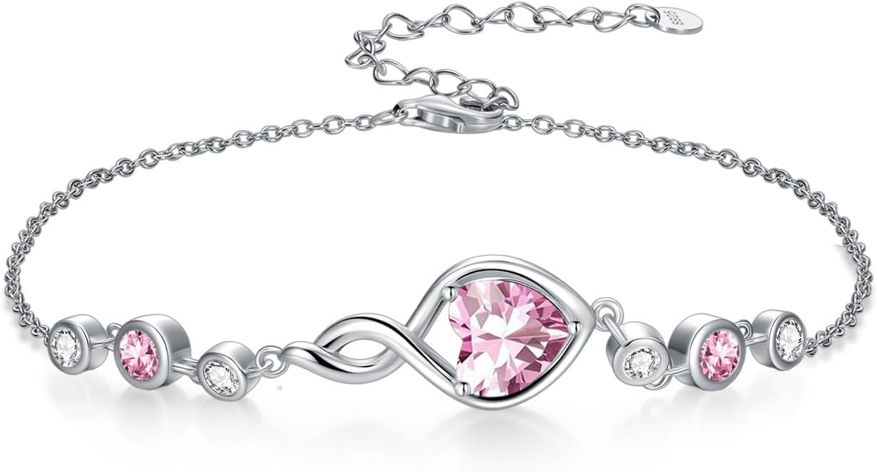 Infinity Birthstone Bracelet 925 Sterling Silver Heart Love Infinity Link Bracelet Fine Jewelry Birthday Christmas Gifts for Women Girlfriend Wife