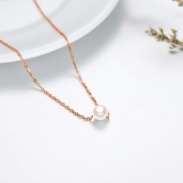 14K Solid Gold Pearl Necklace for Women, Real Freshwater Cultured Pearl Pendant Necklace 7.5mm Dainty Single Sliding Pearl Design Adjustable Necklaces Fine Jewelry Gift for Her, Mom, Wife 16"-18"