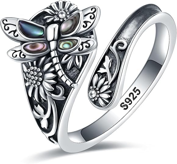 S925-Sterling-Silver Abalone Dragonfly-Turquoise Spoon Ring - Vintage Boho Sunflower Thumb Oxidized Wrap Rings Victorian Style Antique Floral Jewelry Gifts for Women
