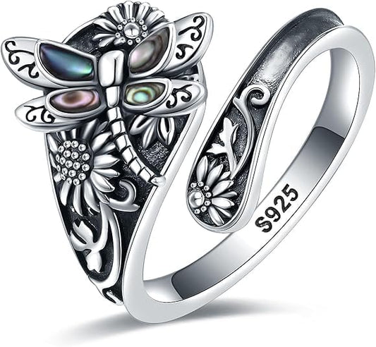 S925-Sterling-Silver Abalone Dragonfly-Turquoise Spoon Ring - Vintage Boho Sunflower Thumb Oxidized Wrap Rings Victorian Style Antique Floral Jewelry Gifts for Women