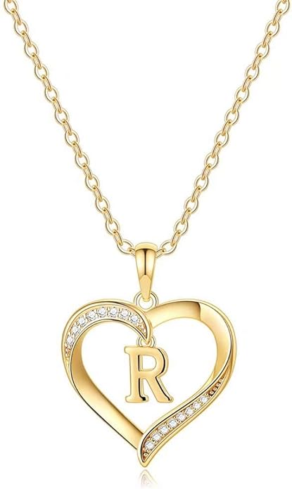 Heart Initial Necklace for Women, 14K Gold Plated Cubic Zirconia Heart Pendant Necklace, Dainty Initial Charm Necklace Letter A to Z Initial Jewelry for Women Girls