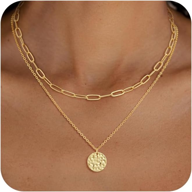 Layered Necklaces for Women 14K Gold Plated Stack Circle Pendant Trendy Long Chain Stackable Handmade Coin Necklace Set Dainty Gold Stacked Jewelry Gifts