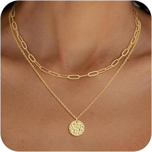 Layered Necklaces for Women 14K Gold Plated Stack Circle Pendant Trendy Long Chain Stackable Handmade Coin Necklace Set Dainty Gold Stacked Jewelry Gifts