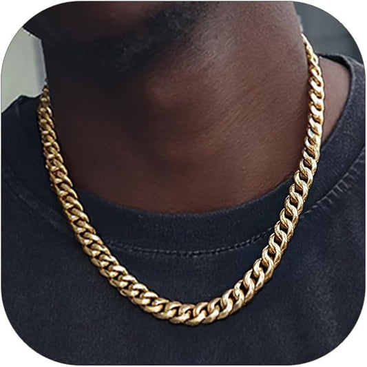 ChainsHouse Miami Cuban Link Chain Necklace for Men, 4.8mm/6mm/10mm/14mm Width, 14K Gold Plated/Stainless Steel/Black Mens Chunky Hip Hop Necklace Curb Chains, 14"-30" Length, Come Gift Box