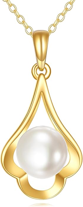 NFYBD 14K Gold Pearl Necklace for Women,Yellow Gold 8mm Freshwater Cultured Pearl Pendant Necklaces Jewelry for Christmas Anniversary Birthday Her Mom Wife 16+1+1 Inch