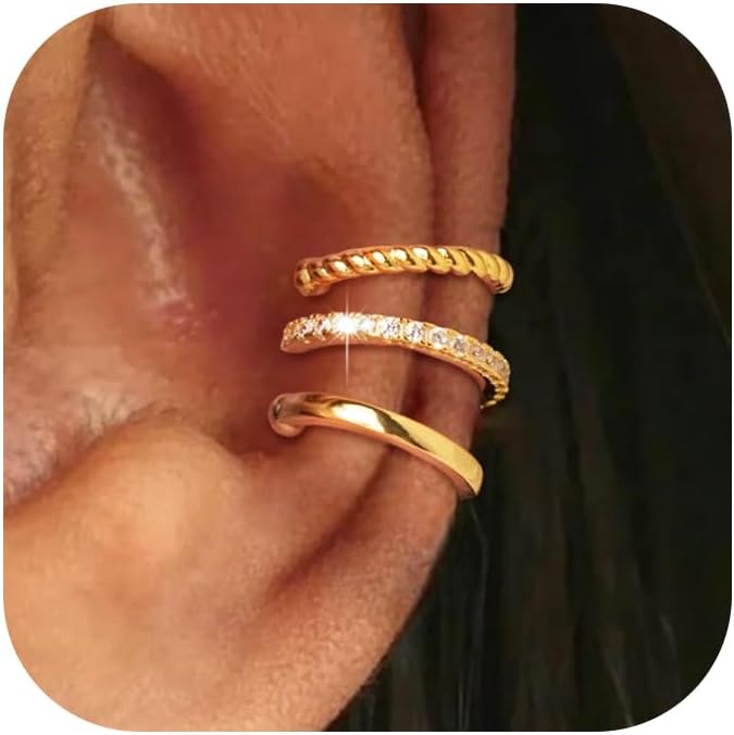 Gold Ear Cuffs Earrings for Women Non Piercing - Clip on Cartilage Earrings Dainty 14K Gold Sterling Silver Plated Cubic Zirconia Huggie Hoop Earring for Women No Tarnish Trendy Jewelry Set