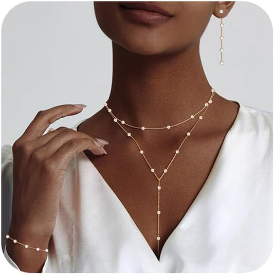 Gold Jewelry Set for Women - Dainty 14K Gold/Silver Plated Pearl Choker Necklace, Drop Earrings & Bracelets - Wedding Trendy Pearl Jewelry Gift