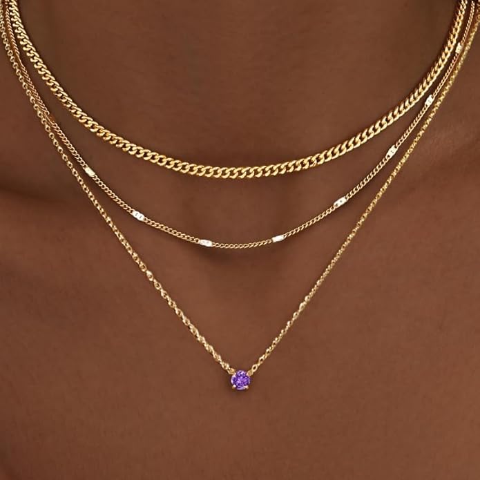 WomenGifts Layered Gold Necklaces for Women, 14K Gold Sterling Silver Plated Dainty Pendant Necklace Set with Cubic Zirconia Circle, Chunky Stackable Cuban Chain Choker, Trendy Personalized Birthstone Jewelry Gift Non Tarnish