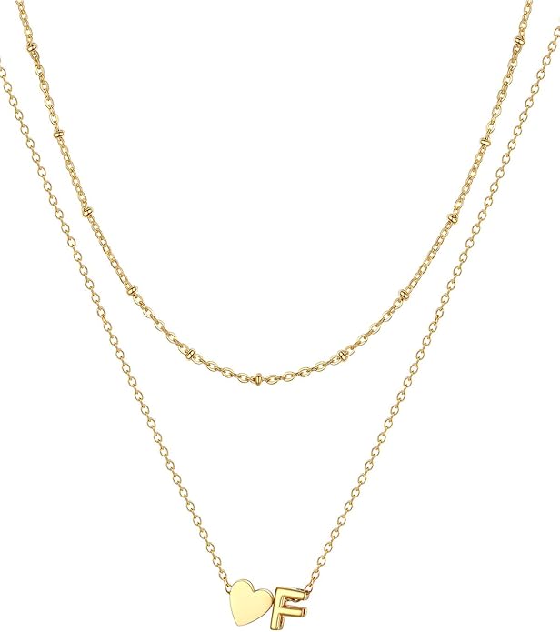 FOCALOOK Layered Initial Necklace for Women, 14K Gold Plated Choker Necklaces Stacks with Initial A-Z, Dainty Silver Heart Pendant Necklace Personalized Birthday Women Jewelry