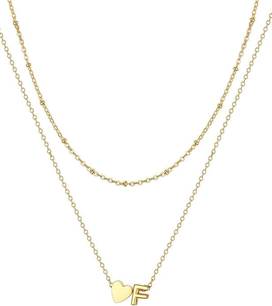 FOCALOOK Layered Initial Necklace for Women, 14K Gold Plated Choker Necklaces Stacks with Initial A-Z, Dainty Silver Heart Pendant Necklace Personalized Birthday Women Jewelry