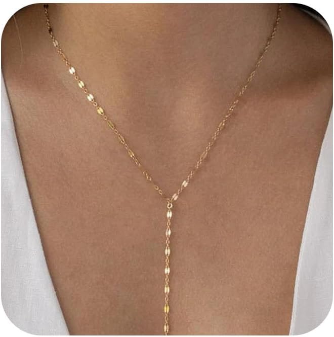 Gold Y Necklace for Women 14K Gold Plated Y-Shaped Drop Necklaces CZ Long Necklace Cubic Zirconia Pendant Layered Long Lariat Necklace Women Jewelry