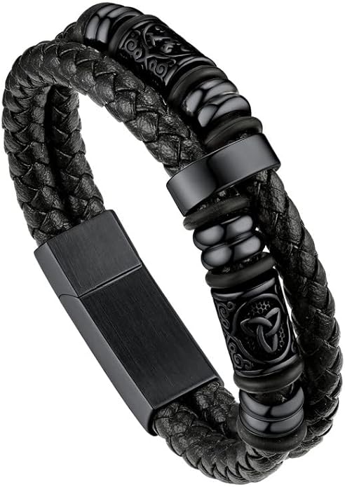 Bandmax Mens Black Double Wax Rope Cuff Bracelets Waterproof Stainless Steel Norse Style Celtic Knot Beads Bracelet Wristband Gift for Men