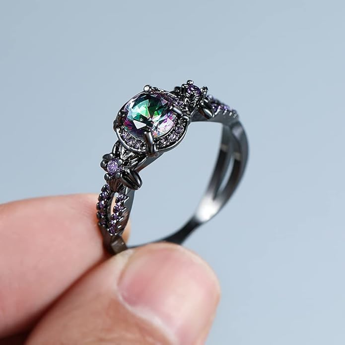 Gothic Black Rings for Women, Mystic Rainbow Topaz with Created Amethyst Flower Goth Black Gold Wedding Engagement Ring Size 6 to 11