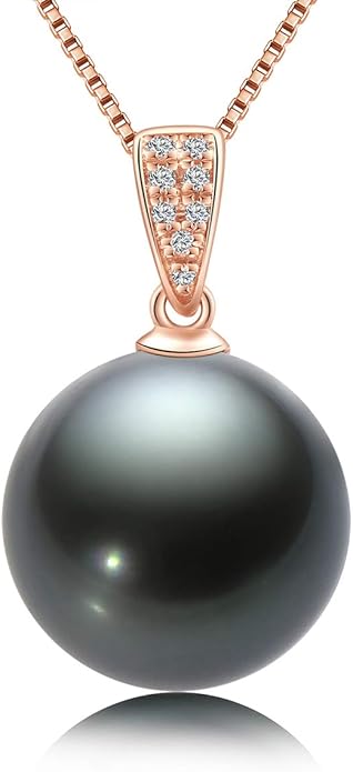 DENGGUANG 18K Gold Natural Black Pearl Pendant Necklace Pendant with Diamond 10-11mm Genuine Tahitian Cultured Round Pearls Jewelry Gifts for Women with 18" Silver Chain