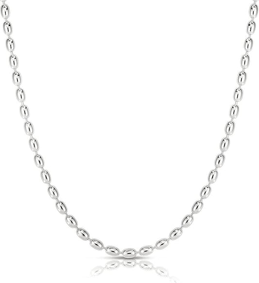Savlano 925 Sterling Silver Oval Rice Bead Strand Chain Necklace For Women - Made in Italy Comes With a Gift Box