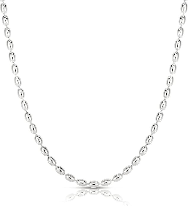 Savlano 925 Sterling Silver Oval Rice Bead Strand Chain Necklace For Women - Made in Italy Comes With a Gift Box