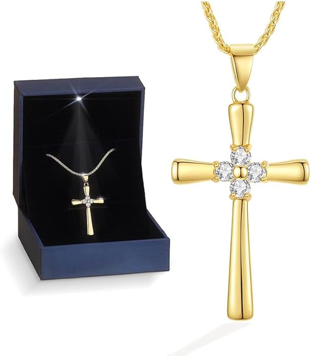 Gold Moissanite Cross Necklace for Women Wife in Light-Up Gift Box,Love Card - Women Anniversary Birthday Gifts Ideas for Wife Her Girlfriend, Christian Cross Chain Jewelry(18K Real Gold Filled)