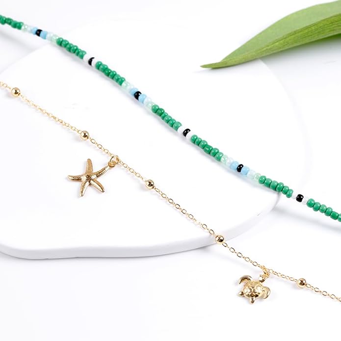 Da Piao Liang Handmade Multilayered Colorful Seed Beads Choker Necklace – Boho Starfish Creative Beach Jewelry for Women – Summer Necklace