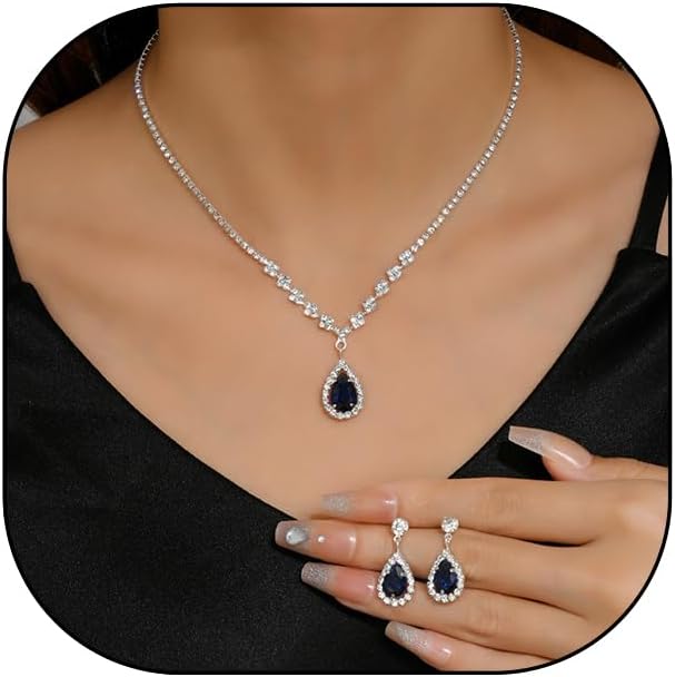 JczR.Y Rhinestone Tennis Necklace Earring Set Zircon Crystal Teardrop Pendant Necklaces Rhinestone Bridal Necklace Earrings for Women Wedding Gowns Prom Statement Jewelry Set