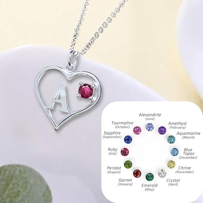 Icy Jewelry Silver Sterling Necklace Initial Letter A-Z Birthstone for Women – Personalized Custom Jewelry Pendant with Heart Design Customized Dainty Charm for Wife Girlfriend Mom – 18" Box Chain
