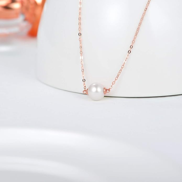 14K Solid Gold Pearl Necklace for Women, Delicate Cultured Freshwater Pearl Choker Pendant Necklace Love Jewelry Gift for Girls, Mom, Wife 16"-18"