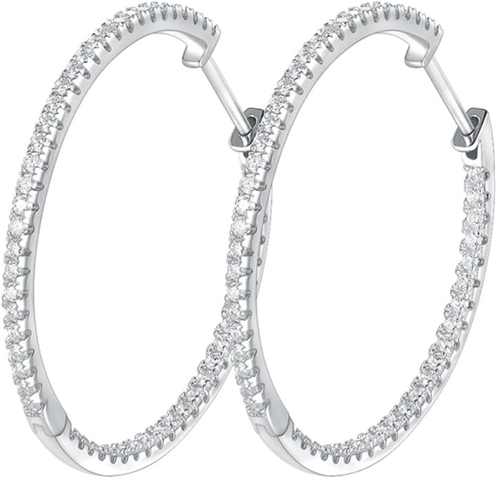 Moissanite Hoop Earrings for Women, S925 Sterling Silver, 18K White Gold Plated, D Color VVS1