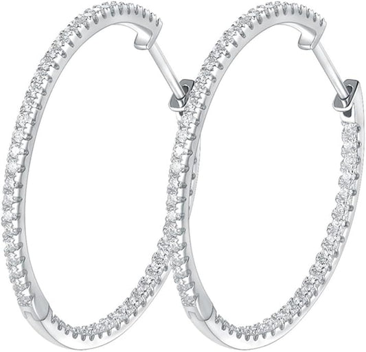 Moissanite Hoop Earrings for Women, S925 Sterling Silver, 18K White Gold Plated, D Color VVS1