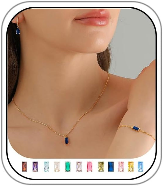 Birthstone 14K Gold Plated Bracelets Earrings Necklaces Jewelry Set， Blue Green May Cubic Zirconia，Friendship Bracelets Jewelry Gifts for Mom Best Friend Birthday