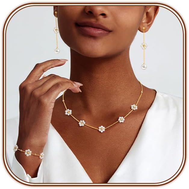 Zeffy Gold Pearl Necklace for Women, Dainty 14K Gold/Silve Plated Layered Pearl Choker Pearl Earrings Pearl Bracelets Wedding Trendy Gold Jewelry Set for Women Gifts