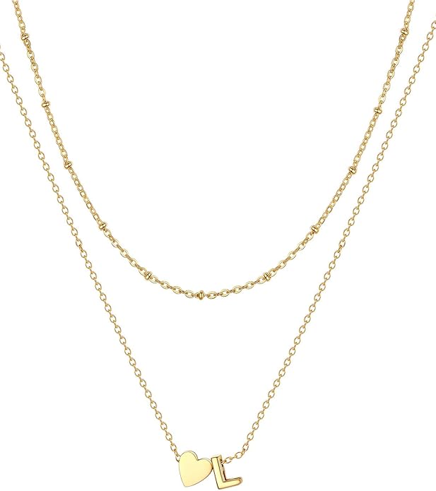 FOCALOOK Layered Initial Necklace for Women, 14K Gold Plated Choker Necklaces Stacks with Initial A-Z, Dainty Silver Heart Pendant Necklace Personalized Birthday Women Jewelry