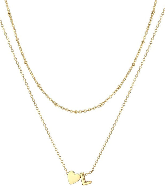 FOCALOOK Layered Initial Necklace for Women, 14K Gold Plated Choker Necklaces Stacks with Initial A-Z, Dainty Silver Heart Pendant Necklace Personalized Birthday Women Jewelry