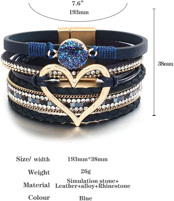 Leather Wrap Bracelet for Women Beaded Cuff Bracelet with Heart-shape Decor Bohemian Crystal Bracelet Jewelry with Clasp Bangle Bracelet for Women Girls Birthday Holiday Gift