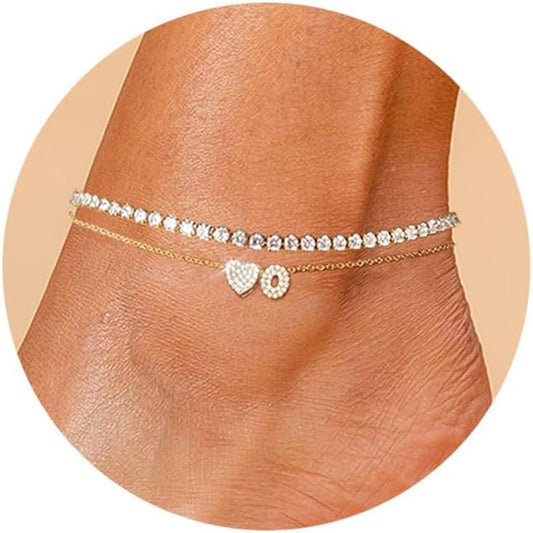 Gold Initial Ankle Bracelets for Women 14K Gold Plated CZ heart Tennis Anklets for Women Waterproof Adjustable Initial Anklets Large Ankle Summer Beach Foot Jewelry