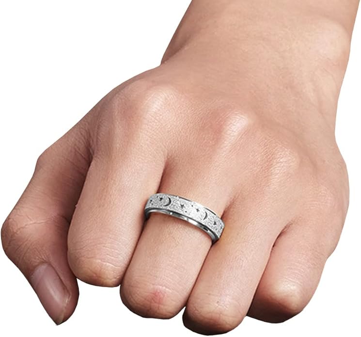 AmorArtSky Anxiety Ring for Women Men, Titanium Stainless Steel Spinner Ring, 5 Colors, 6MM, Size 6-10, 3 Styles Anxiety Ring-Moon Star, Sandblasted Finished, Hollow Outer