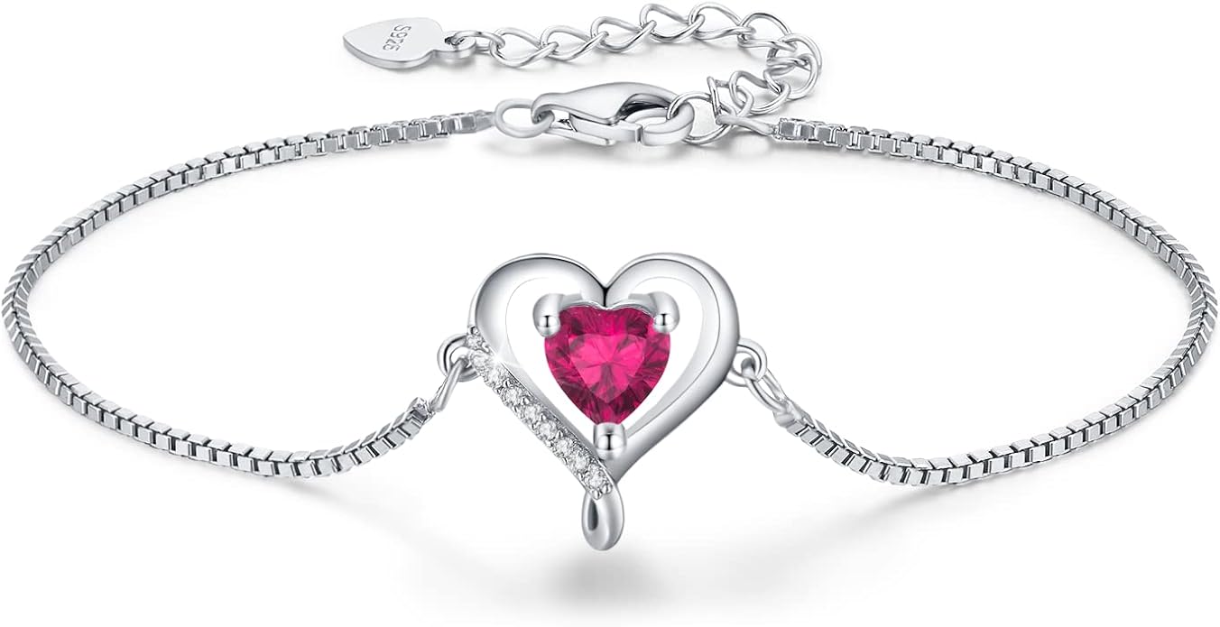 LAVUMO Love Heart Bracelets for Women 925 Silver Charm Birthstone Bracelet Adjustable Anniversary Birthday Jewelry Gifts for Women Girlfriend Wife Daughter Mom Her