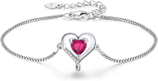 LAVUMO Love Heart Bracelets for Women 925 Silver Charm Birthstone Bracelet Adjustable Anniversary Birthday Jewelry Gifts for Women Girlfriend Wife Daughter Mom Her