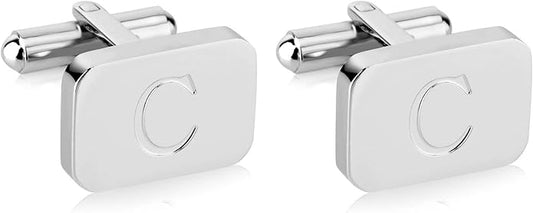 18K White-Gold Plated Initial Engraved Stainless Steel Men’s Cufflinks With Gift Box -Personalized Alphabet Letter’s A-Z By Lux & Pair
