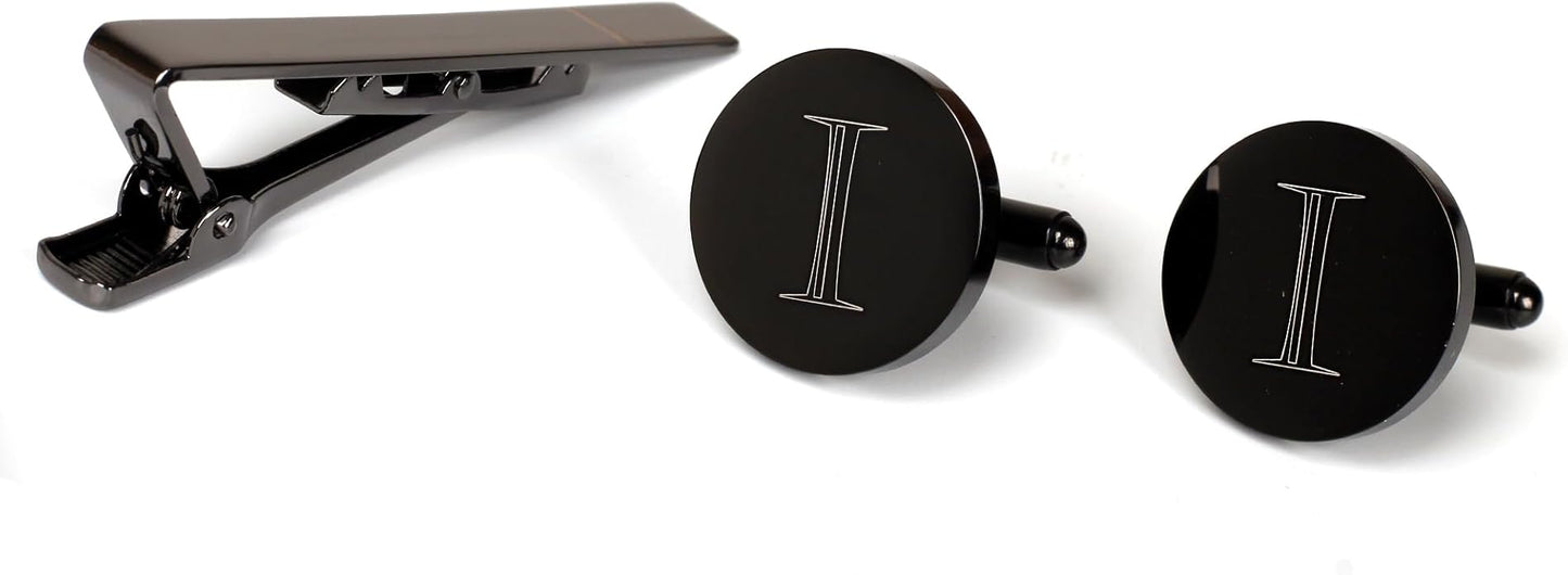 Mens Initial Cufflinks and Tie Clip A-Z Alphabet Letter Black Stainless Cuff Links Tie Bar with Engraved Walnut Wood Box Groom Groomsman Wedding Set