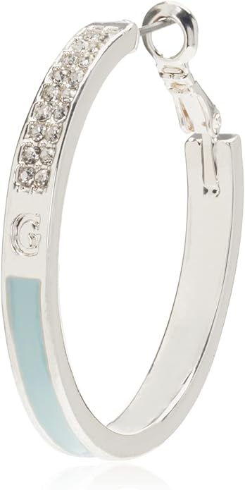 Guess Silvertone Pave Crystal Glass Stone and Light Blue Hoop Earrings